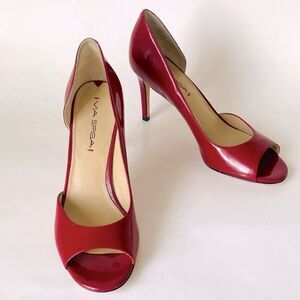 Via Spiga Red Patent Open Toe Heels sz 8 Sexy Cocktail Preppy Office Party Chic